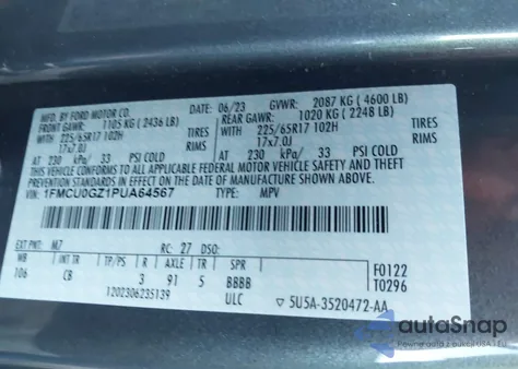 2023 Ford Escape Active from USA, damaged, VIN 1FMCU0GZ1PUA64567